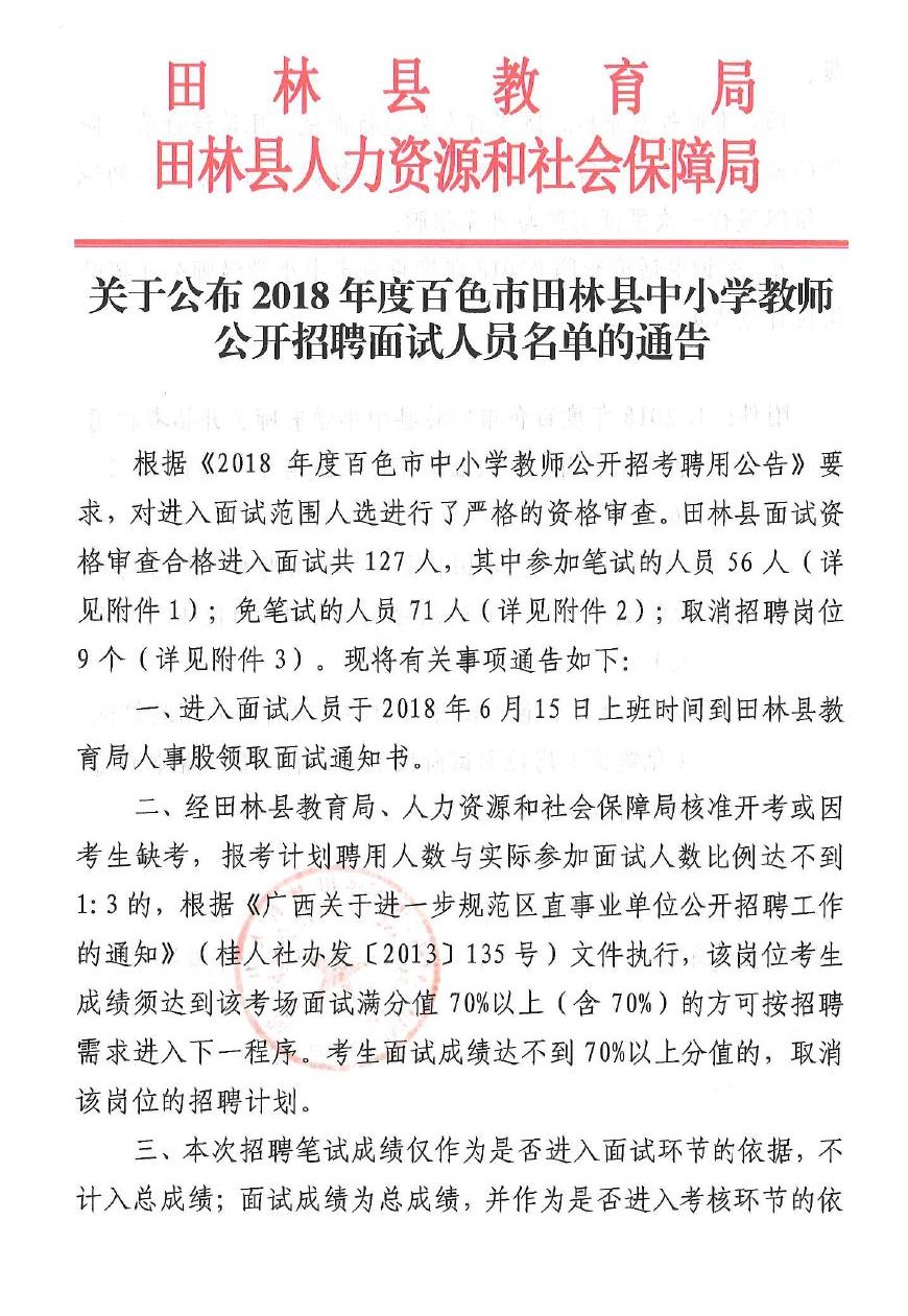 关于公布2018年度百色市田林县中小学教师公布招聘面试人员名单的通告